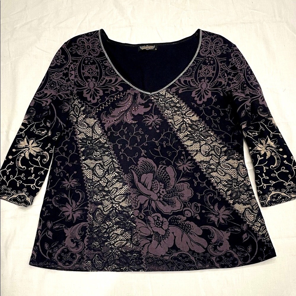 Vanilla Sugar Black Purple Floral V-Neck 3/4 Sleeve Top Blouse Medium